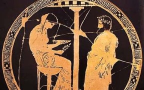 A depiction of the Pythian Oracle on a Greek vase