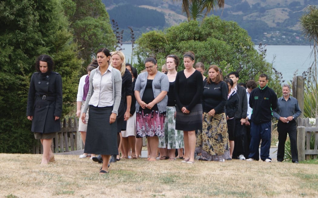 Suzanne Pitama leads her medical students onto Onuku Marae, Banks Peninsula, Canterbury.