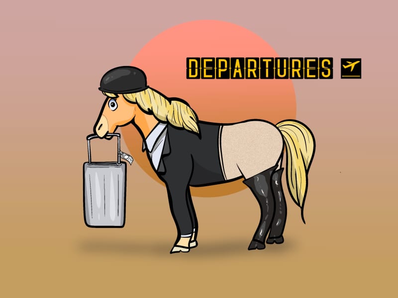 An artist's rendition of a horse flying first class to the 2024 Paris Olympics. Meet Peneighlopy.