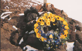 The wreath placed at the Erebus memorial cross for the 20th anniversary commemoration.