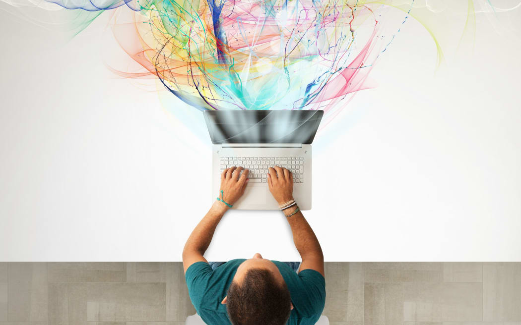 Creative business with businessman that works with laptop