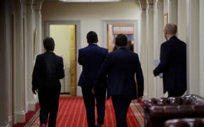 Paula Bennett and Simon Bridges walk in to caucus to decide Jami-Lee Ross' fate.