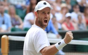 11th July 2019 - Tennis - Wimbledon (Day 10) - Michael Venus (NZL) celebrates as he and his partner Raven Klaasen (RSA) win a point against Juan Sebastian Cabal (COL) and Robert Farah (COL) during their Gentlemen's Doubles Semi Final match - Photo: Simon Stacpoole / Offside.