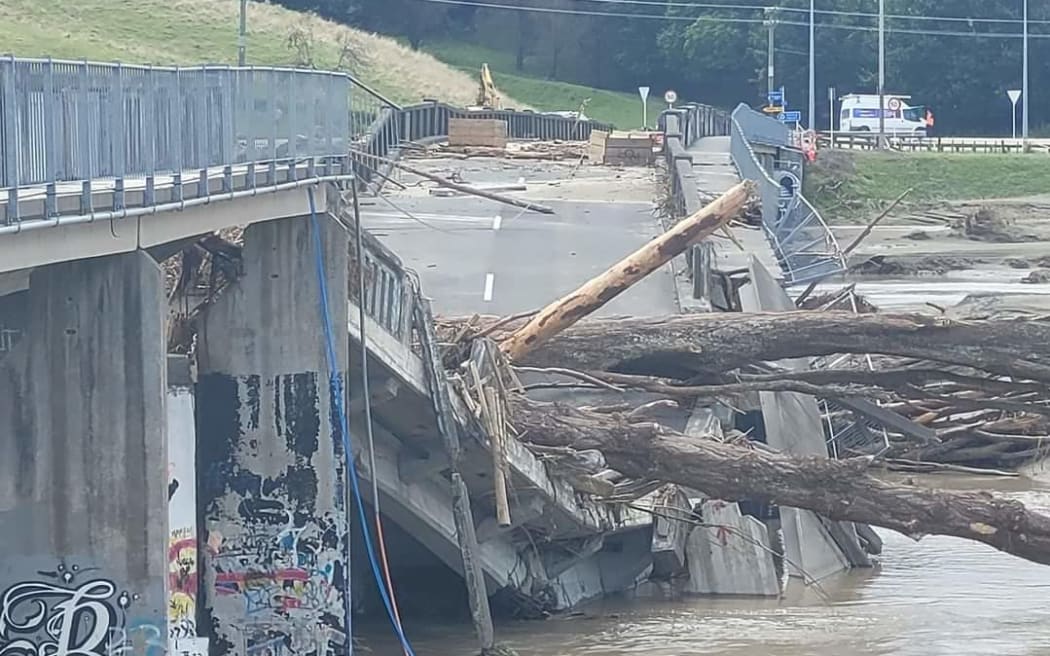 Debris and damage at Redclyffe bridge in Taradale, Napier after Cyclone Gabrielle.