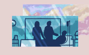 Stylised illustration of two people next to person in bed.