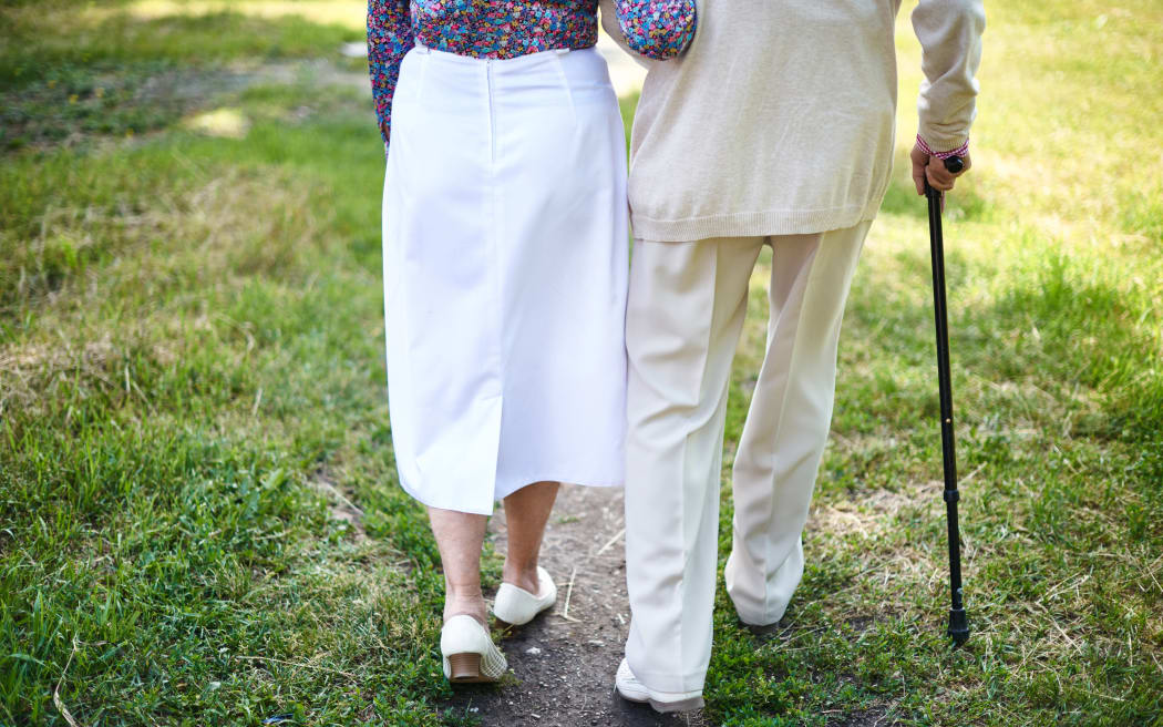 Rear view of seniors walking in park