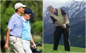 US President Barack Obama and then New Zealand Prime MInister John Key on the golf course in Hawaii in 2014 (left) and President Bill Clinton in Queenstown in 1999.