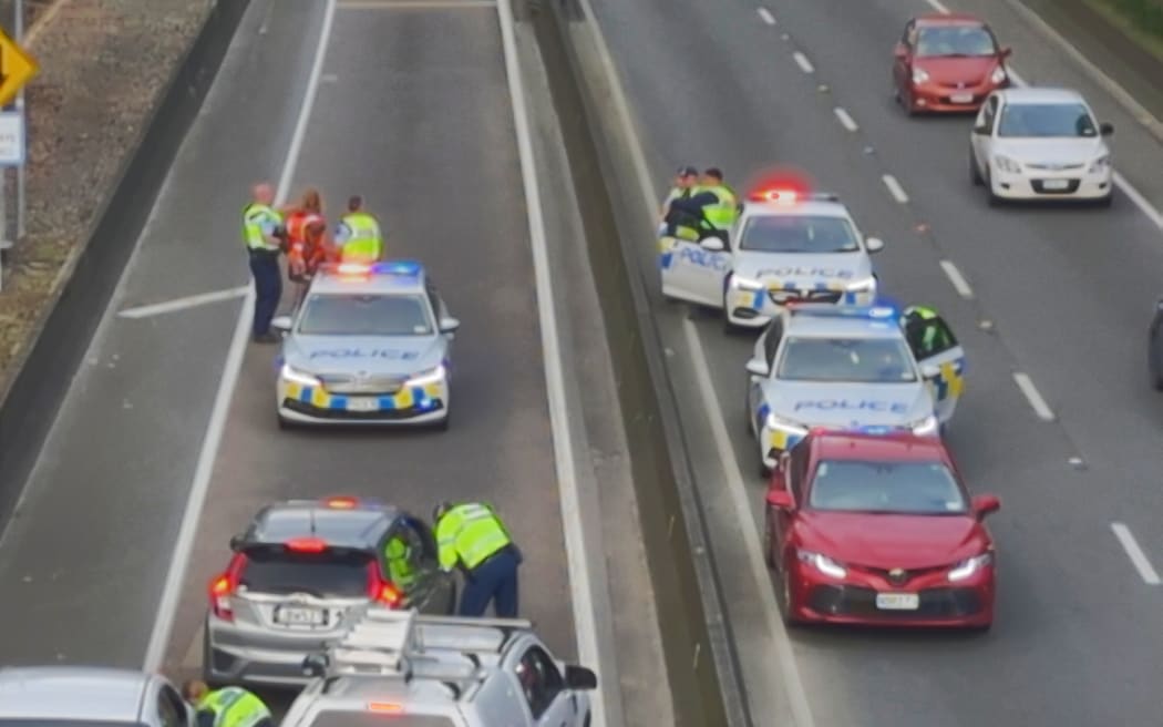 Restore Passenger Rail protest in Wellington on the morning of 4 September, 2023. Protesters sat down on the stretch of State Highway 1 just ahead of the northern entrance to the Terrace Tunnel about 8am.