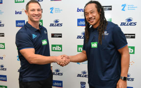 Leon MacDonald and Tana Umaga at the Blues 2019 coaching announcement