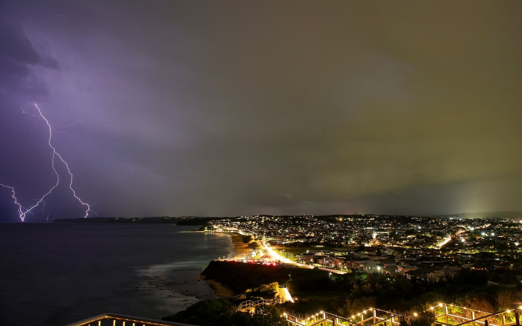 Lightning seen from Anzac Memorial Bridge on 15 January 2025 in Newcastle, Australia.