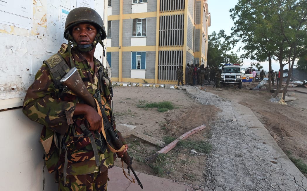 A Kenyan soldier standing guard at the Garissa University campus.