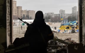 A view of the square outside the damaged local city hall of Kharkiv on March 1, 2022, destroyed as a result of Russian troop shelling.