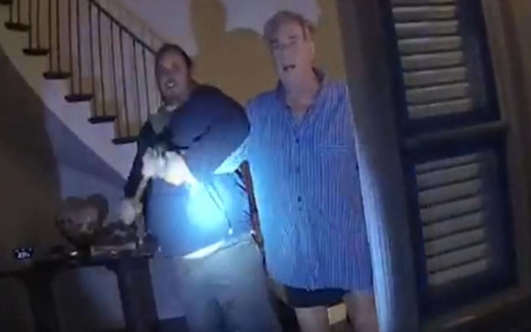 (FILES) This still image from a San Francisco Police Department police body-cam video ordered released by San Francisco Superior Court, shows suspect David DePape (L) assaulting Paul Pelosi, husband of former Speaker of the House Nancy Pelosi, at their San Francisco home on October 28, 2022. DePape, convicted in 2023 of breaking into the couple's San Francisco home and bludgeoning Paul Pelosi with a hammer, was jailed May 17, 2024, for 30 years. (Photo by Handout / San Francisco Police Department / AFP) / RESTRICTED TO EDITORIAL USE - MANDATORY CREDIT "AFP PHOTO / San Francisco Police Department" - NO MARKETING NO ADVERTISING CAMPAIGNS - DISTRIBUTED AS A SERVICE TO CLIENTS