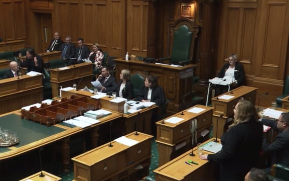 MP Julie Anne Genter stands over National's Matt Doocey in Parliament.