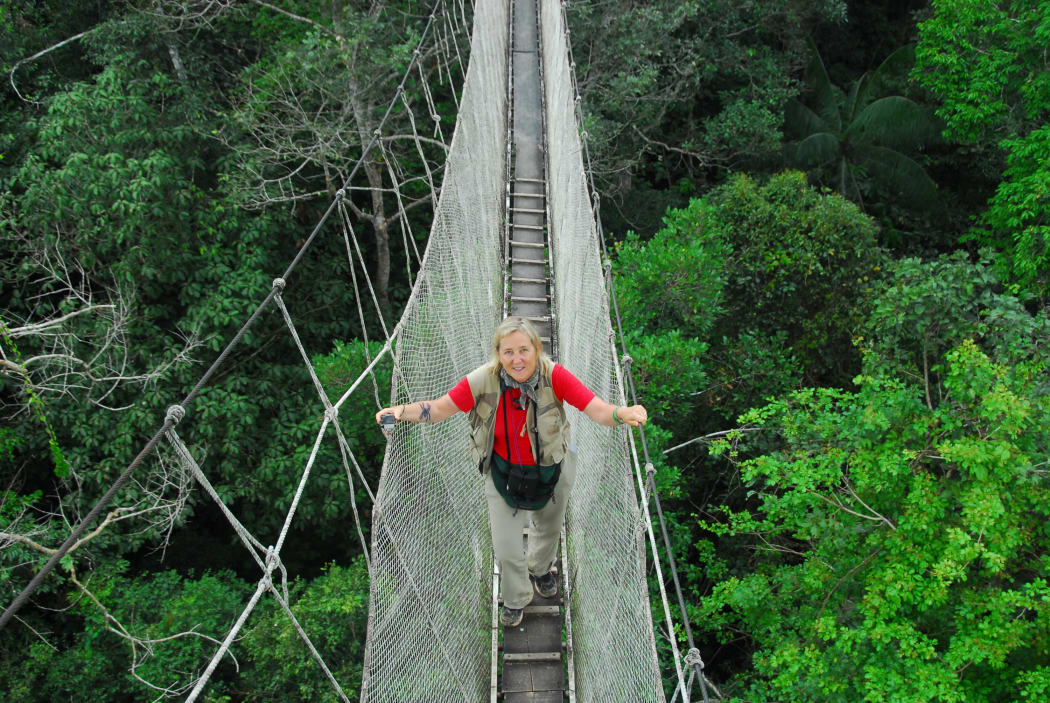 Meg Lowman on a canopy walkway in Peru