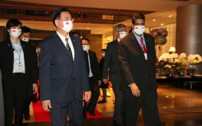 Taiwan Foreign Minister Joseph Wu and (to his left) President Surangel Whipps Jr in Taipei, 30 March 2021.