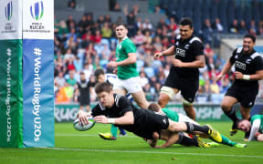 Jordie Barrett scores a try against Ireland at the Under 20 World Cup in England.