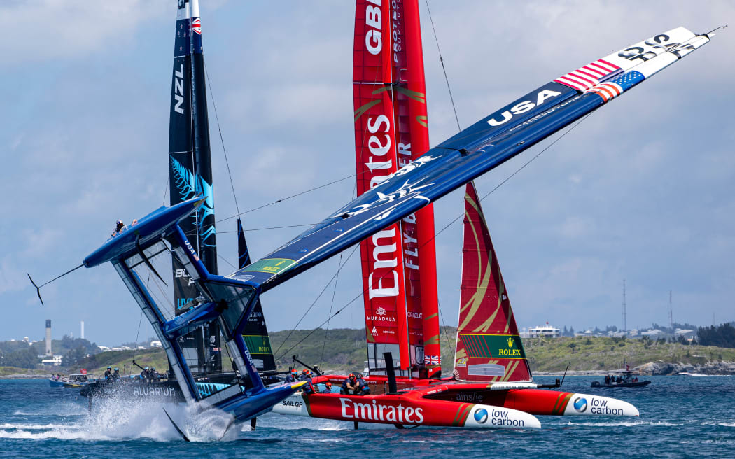 USA SailGP Team capsize during practice for Bermuda Sail Grand Prix in Bermuda. 2024.