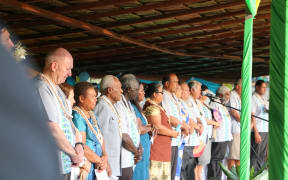Sir Peter Cosgrove ((far left) and Pacific leaders officially welcomed to Solomon Islands for the RAMSI farewell celebrations.