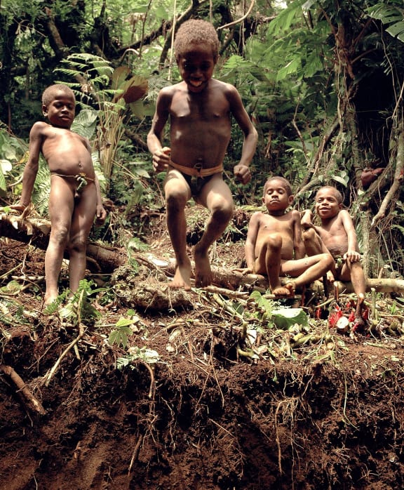 Local boys from the village of Retap on Pentecost practice jumping in preparation for the age old ritual called the N'gol, or Pentecost Land Diving.