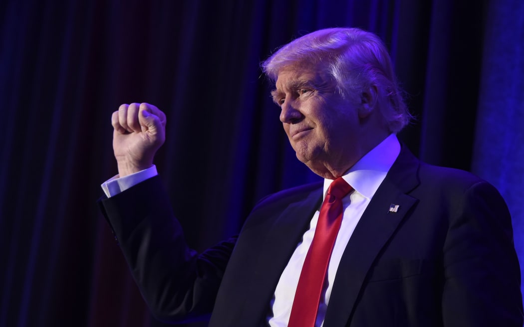Donald Trump arriving at the New York Hilton Midtown to give his victory speech.