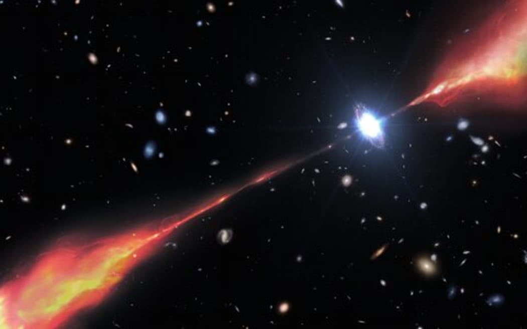 Artwork of a Herbig-Haro object. The jets in this image are from a newly formed star between them, too small and faint to be seen. They are creating large bubbles in the surrounding gas and dust in the interstellar medium. The mechanism of jet formation is unclear, but may be due to gas being heated as it falls toward the new star, then being ejected at speed along the star's rotational axis.