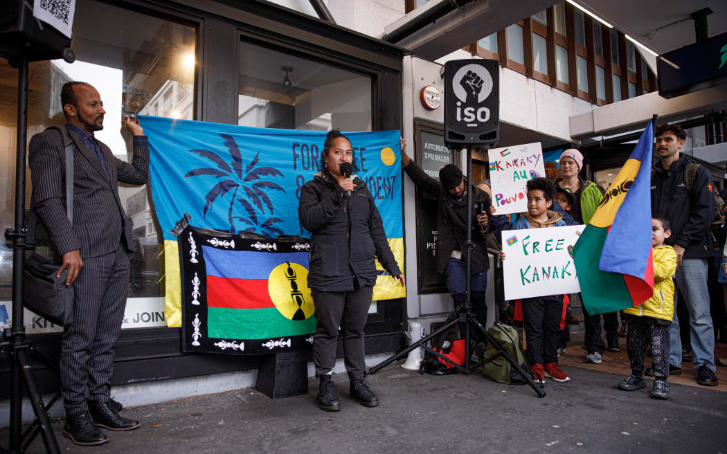 A pro New Caledonia protest outside the French Embassy in Wellington