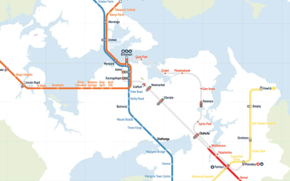 Infographic showing Labour's proposed North-Western light rail line (orange), central line (blue), and rapid bus link (yellow).