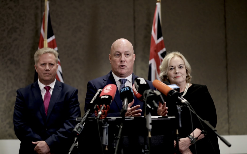 Todd McClay, Christopher Luxon and Judith Collins speak to media after the prime minister's State of the Nation speech on 23/1/2025.