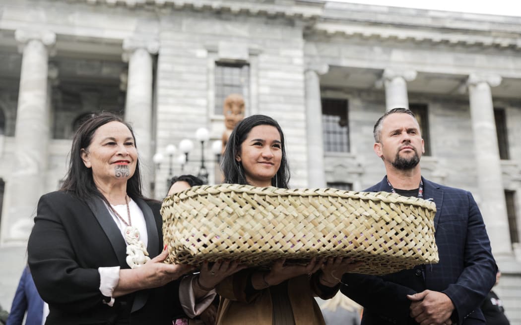 Te Pāti Māori co-leader Debbie Ngarewa-Packer with Te Pāti Māori MPs Hana-Rawhiti Maipi-Clarke and Tākuta Ferris.