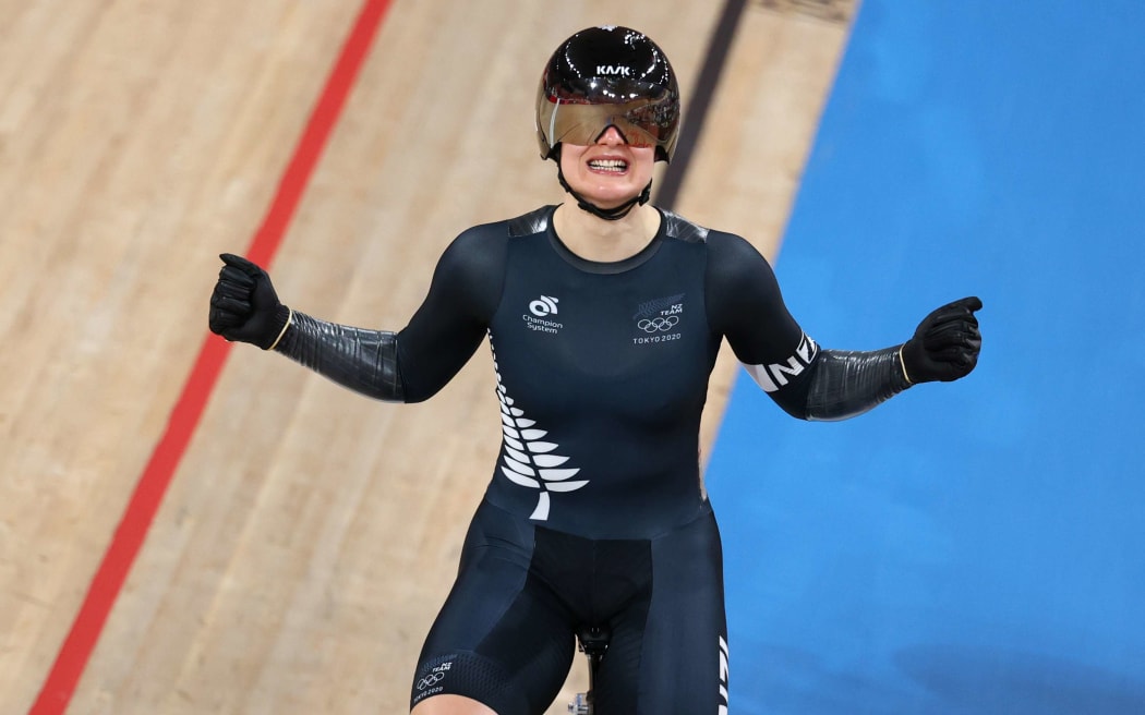 Ellesse Andrews of New Zealand celebrates coming second in the women's Keirin final (Silver)