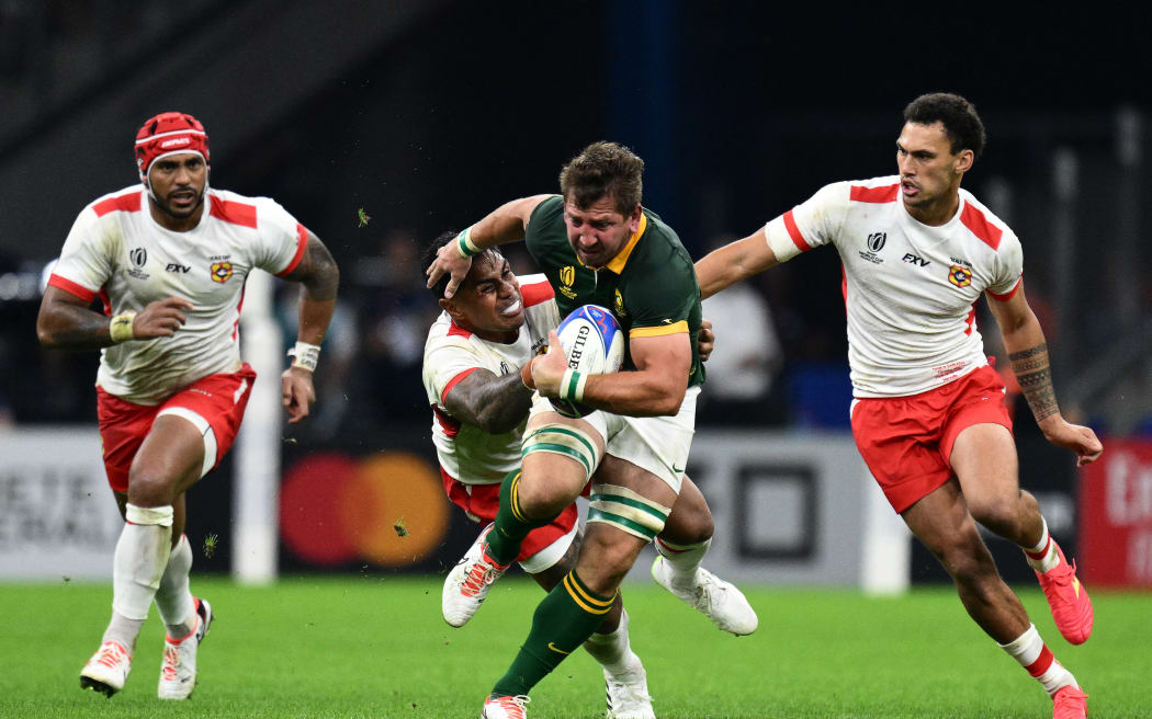 South Africa's flanker Kwagga Smith runs with the ball during the Pool B match between South Africa and Tonga at Stade Velodrome in Marseille, south-eastern France, on 1 October, 2023.