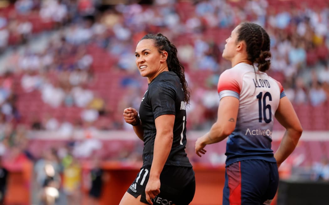 New Zealand’s Portia Woodman-Wickliffe celebrates a try against Great Britain on day one of the HSBC SVNS Grand Final at Stadium Civitas Metropolitano on 31 May, 2024 in Madrid, Spain. Photo credit: Mike Lee - KLC fotos for World Rugby