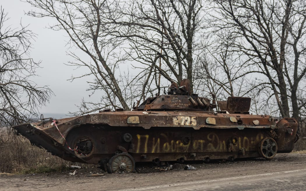This photograph shows a destroyed Russian infantry fighting vehicle in the Donetsk region, eastern Ukraine on 26 December, 2022.