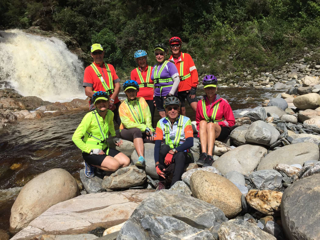 Katikati Greyhound Cycle Group in front of Brown Falls near start of Heaphy Track