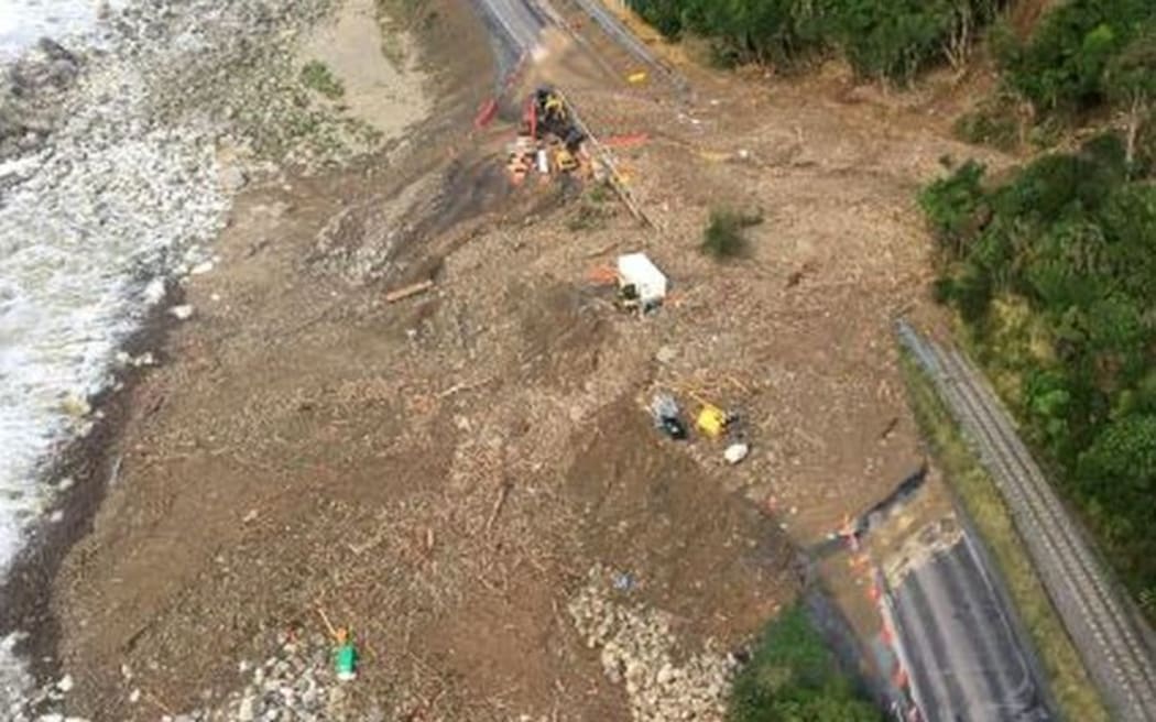 One of the landslips that blocked SH1 around Kaikōura after Cyclone Gita.