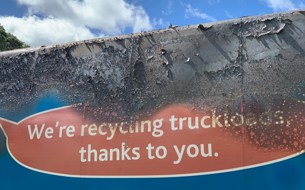 An Auckland Council rubbish truck that caught fire. The council said there were at least two fires a week at the region's recycling centre, with the cause most often being battery-powered devices and batteries being disposed of incorrectly.