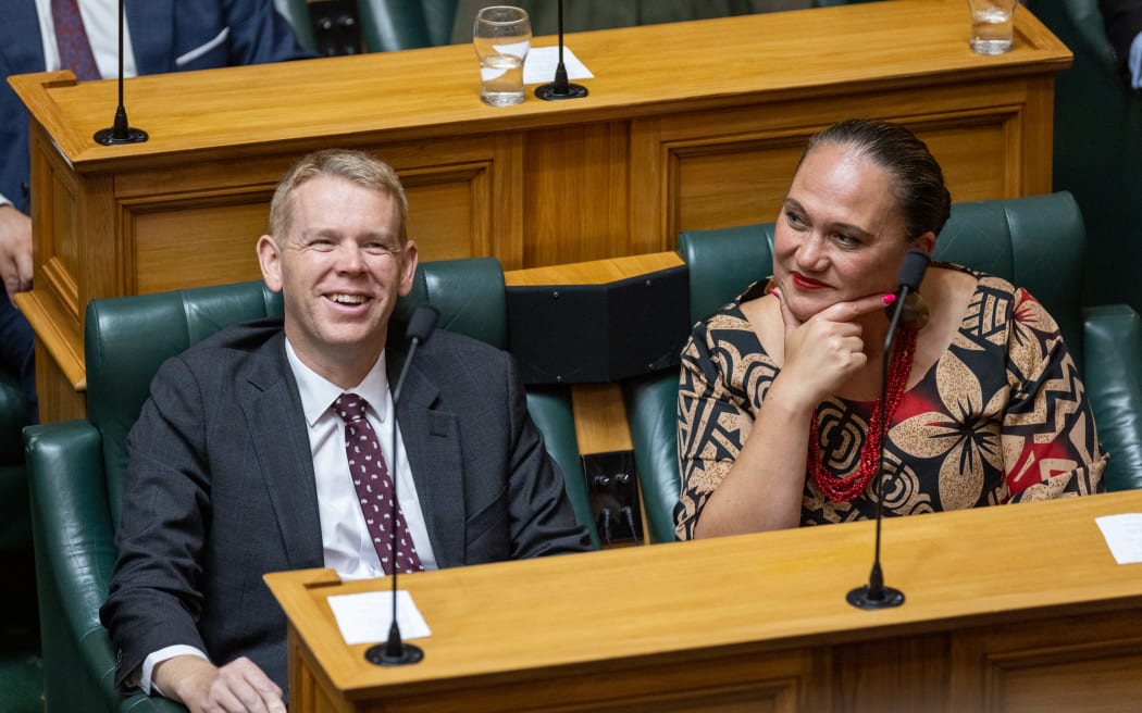 Chris Hipkins and Carmel Sepuloni enjoy Jacinda Ardern's valedictory speech.