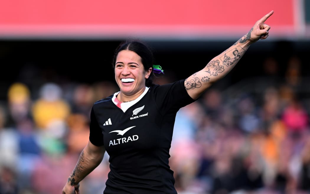 Katelyn Vaha'akolo of the Black Ferns celebrates scoring a try during the Women's Internationals Rugby Union match between Australia Women and New Zealand Women at Ballymore Stadium in Brisbane, Sunday, July 14, 2024. (AAP Image/Darren England / www.photosport.nz) NO ARCHIVING, EDITORIAL USE ONLY