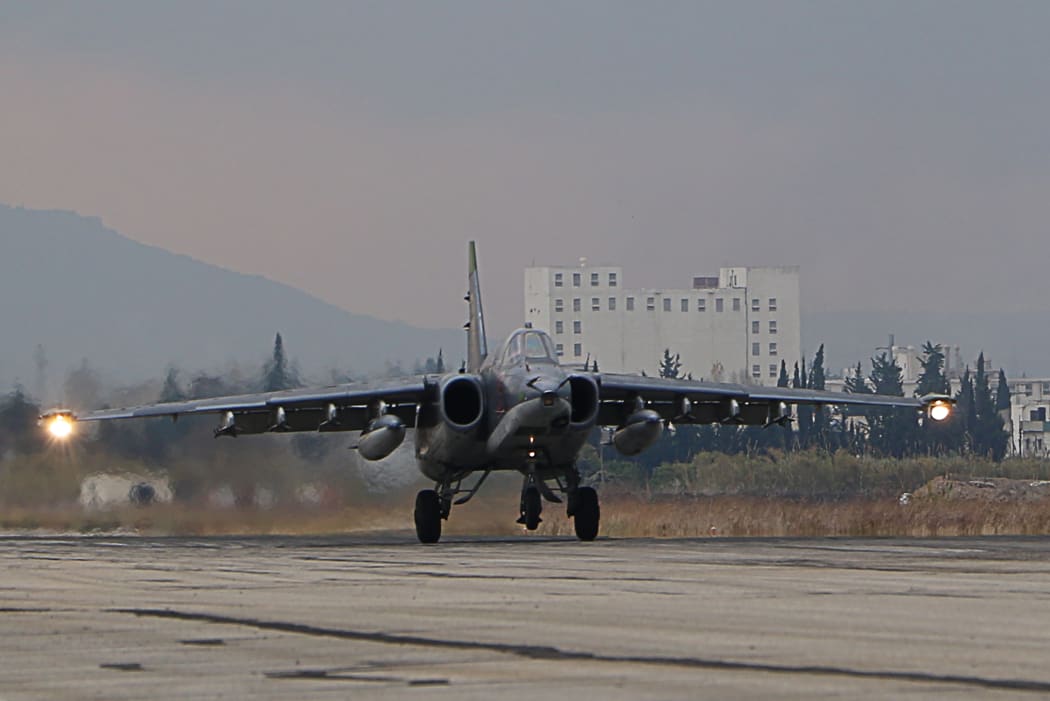 A Russian Sukhoi SU-34 bomber lands at a Russian military base in the northwest of Syria in December 2015.