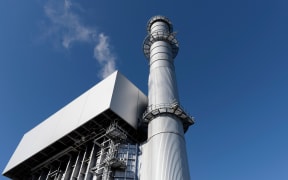 Low angle view of boiler and stack at a gas-fired power station