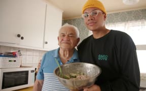 Mariner Fagaiava-Muller and his Papa, Faasootauloa Fepuleai Galo Fagaiava, making oka.