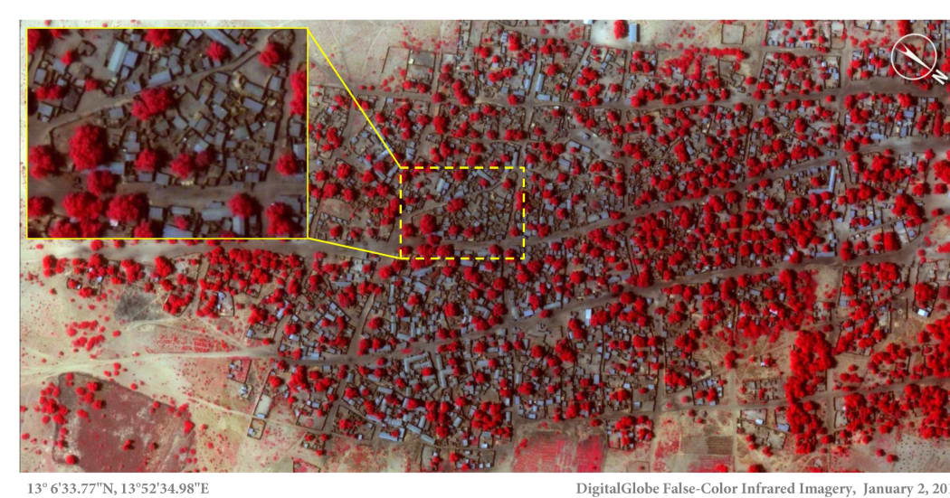 Amnesty International says these two infrared satellite images show the scale of last week’s attack on the village of Doron Baga. It says the images - taken on 2 January (top) and 7 January (bottom) - show densely packed structures and tree cover (seen in red) before and after the village was razed.
