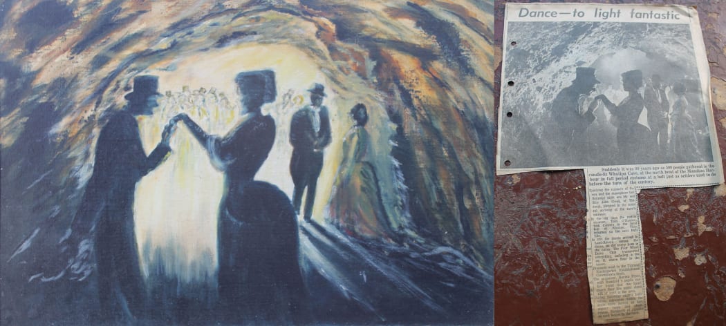 Whatipu cave dances painting and news paper article.