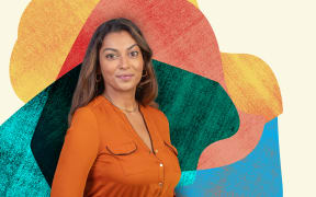 Host Kadambari Gladding in front of a colourful background with overlaid shapes.