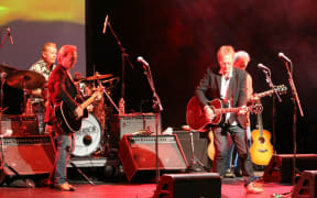 Dewey Bunnell and Gerry Beckley of America on stage in New York.