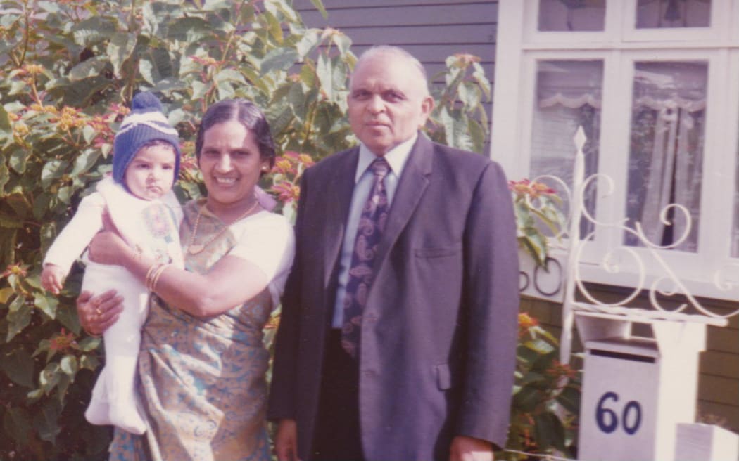 Dahi and Jeram moved to Auckland when their four children became young adults. They're pictured here with their grandson, Rakesh.