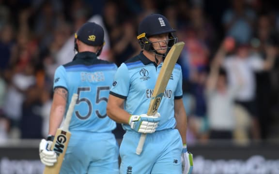 England's Jos Buttler celebrates after scoring a half-century during the 2019 Cricket World Cup final between England and New Zealand at Lord's.