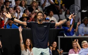 Gael Monfils of the France reacts during his first round singles match at the ASB Classic tennis tournament in Auckland, New Zealand. Monday January 7, 2024. Photo: Andrew Cornaga / Photosport