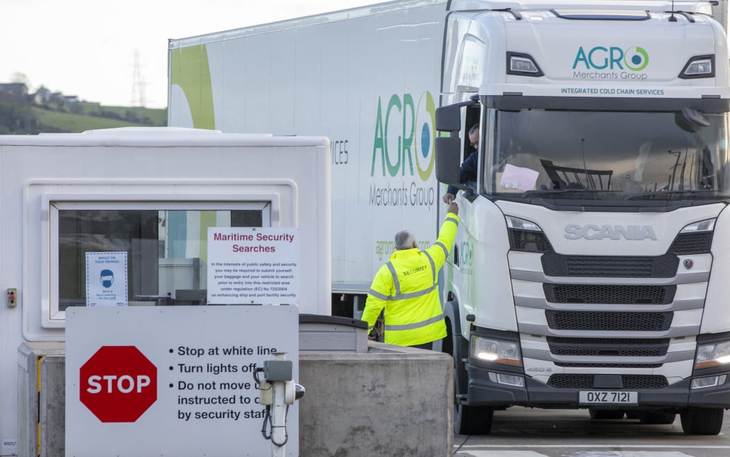 Officials check freight arriving into Northern Ireland by ferry from Scotland at the Port of Larne on 1 January 2021, as a new trade border between Northern Ireland and the rest of the UK began operating.